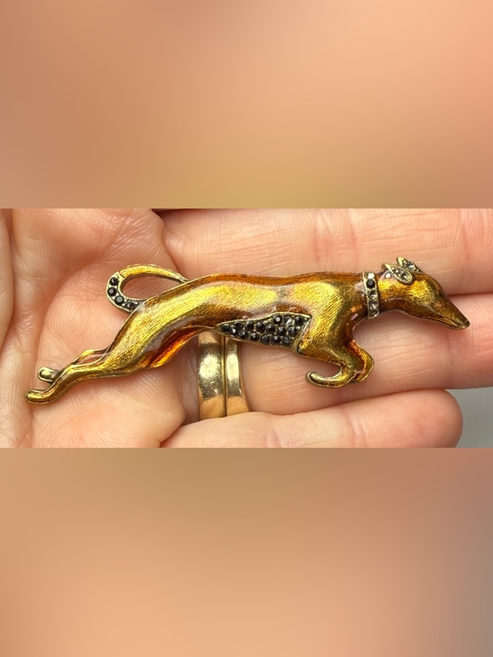 Vintage Style Greyhound Dog Brooch Gold Tone Black Rhinestone Pin